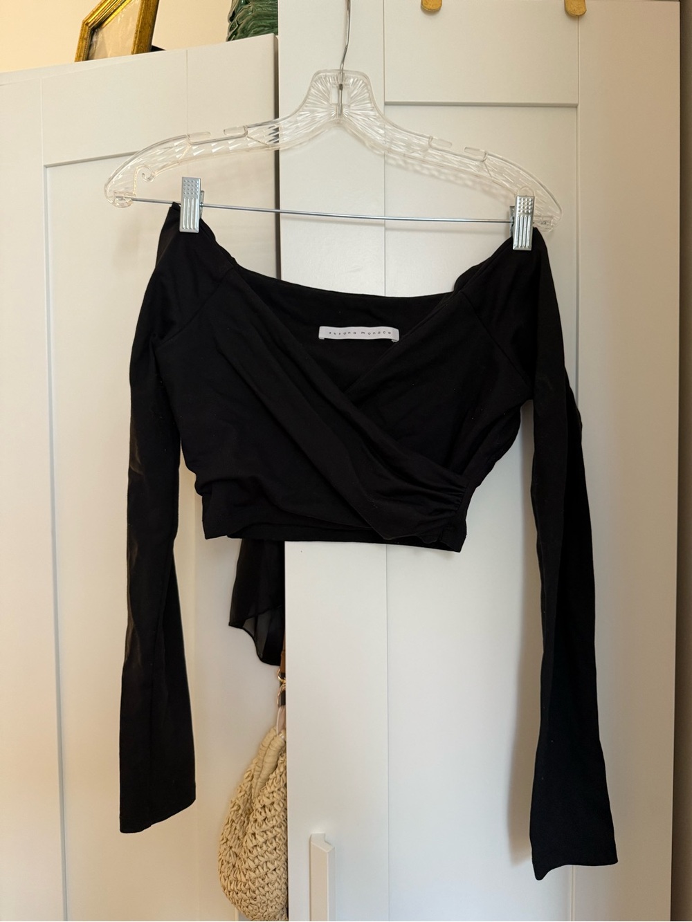 Susana Monaco Black Long-Sleeve Wrap Crop Top